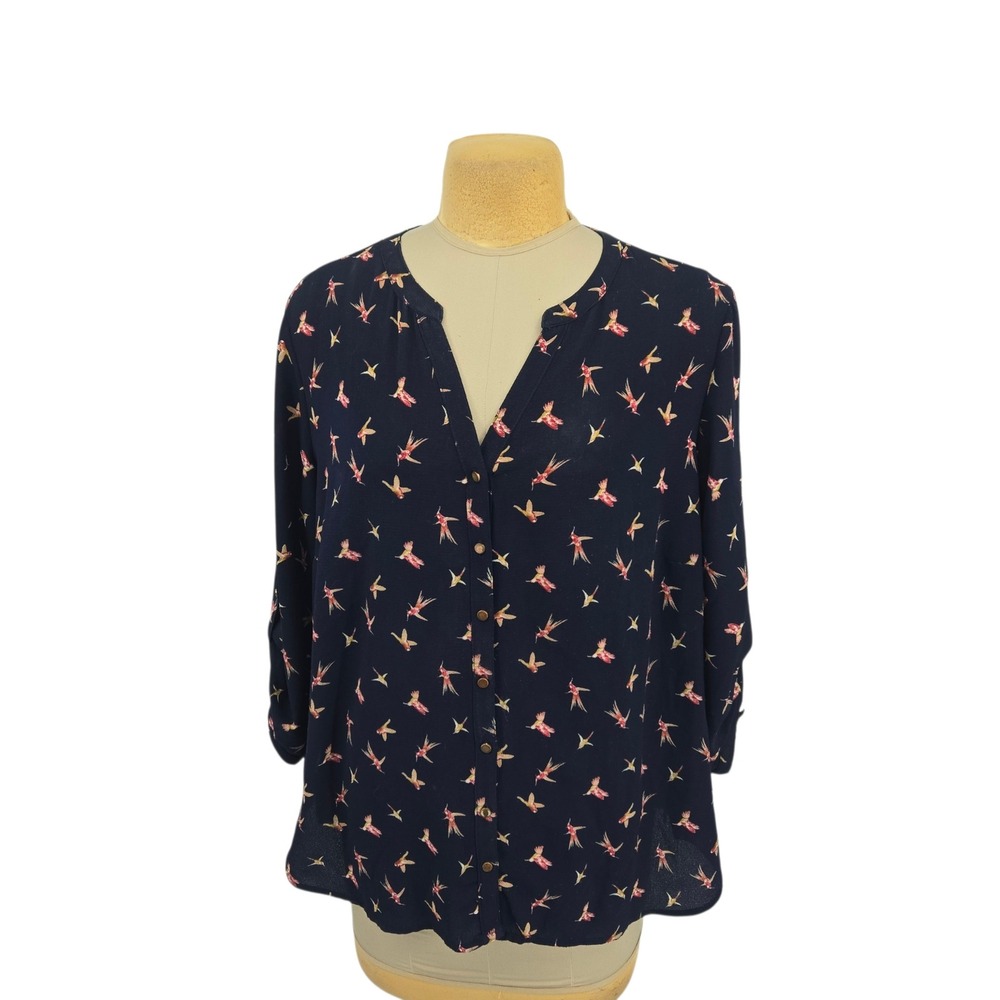 C.J. Banks Button Front Top Women 3X Navy Bird Print Roll Tab Sleeve Peplum